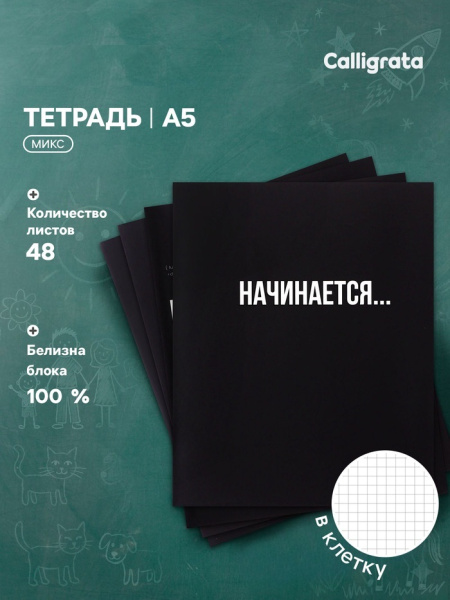 Тетрадь 48л кл Текст на чёрном, карт обл, глянц лам, блок офсет МИКС