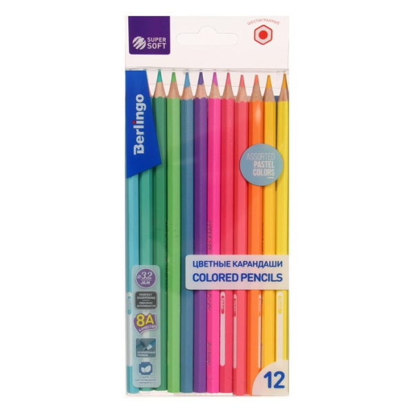 Карандаши 12цв Berlingo "SuperSoft. Pastel", пастель., заточен., европодвес