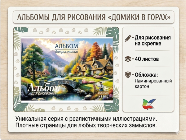 Альбом для рисования на скрепке Yalong 40л Домики в горах